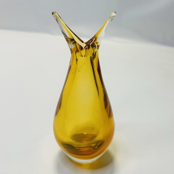 MURANO SOMMERSO AMBER YELLOW ART GLASS FISH TAIL VASE 9” Venice Italy Bubbles - Picture 3 of 8